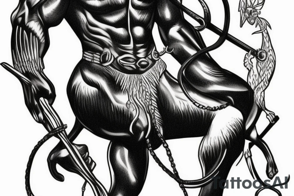 ONE black panther, designed realistic like the animal, showing full body sitting and holding a shepherd's crook in between its legs. tattoo idea