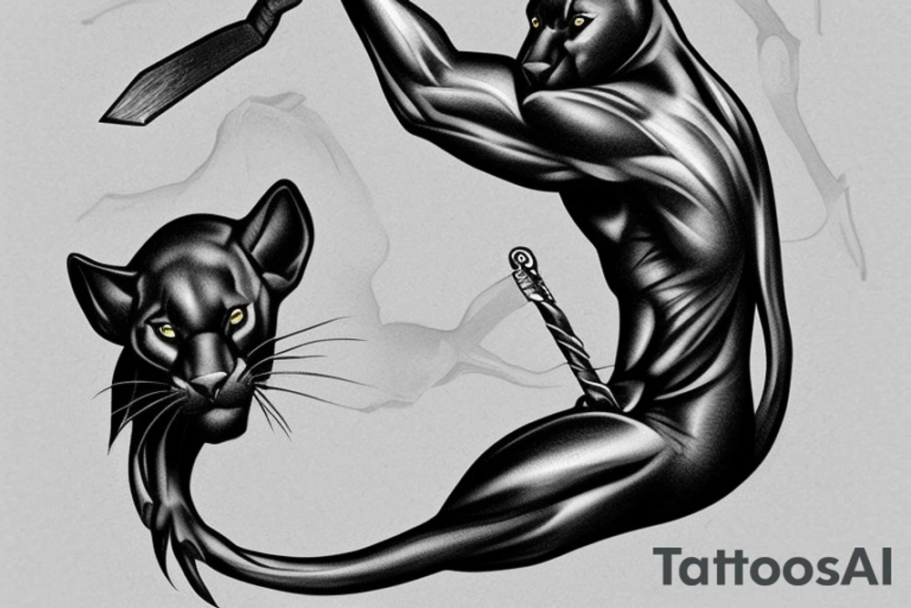 ONE black panther, designed realistic like the animal, showing full body sitting and holding a shepherd's crook in between its legs. tattoo idea
