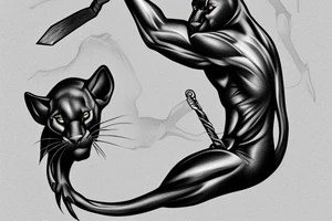 ONE black panther, designed realistic like the animal, showing full body sitting and holding a shepherd's crook in between its legs. tattoo idea