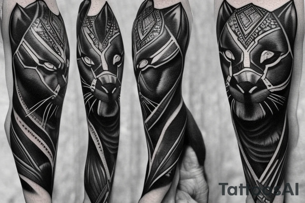 ONE black panther, designed realistic like the animal, showing full body sitting and holding a shepherd's crook in between its legs. tattoo idea