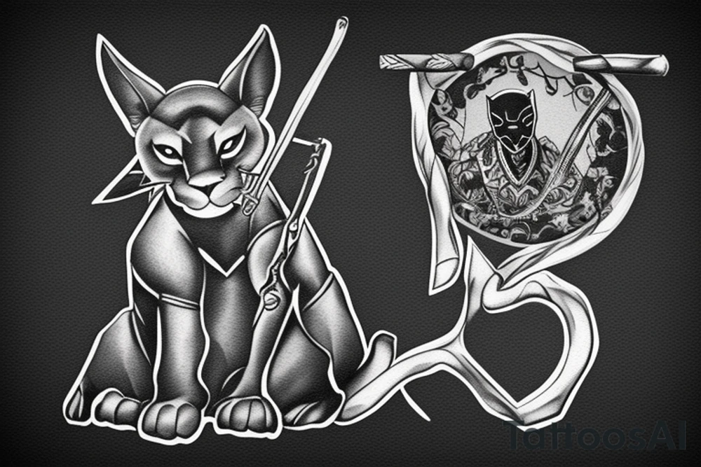 ONE black panther, designed realistic like the animal, showing full body sitting and holding a shepherd's crook in between its legs. tattoo idea