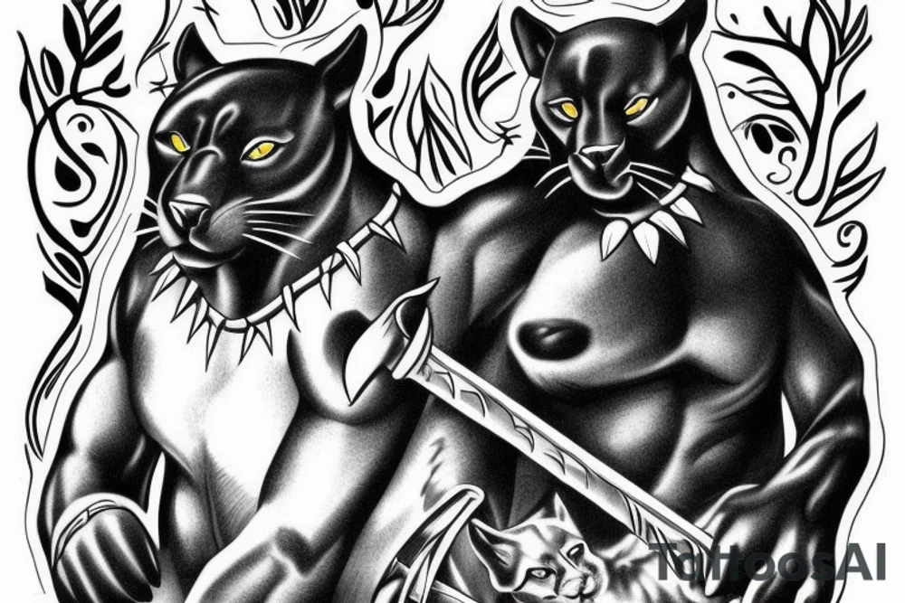 ONE black panther, designed realistic like the animal, showing full body sitting and holding a shepherd's crook in between its legs. tattoo idea