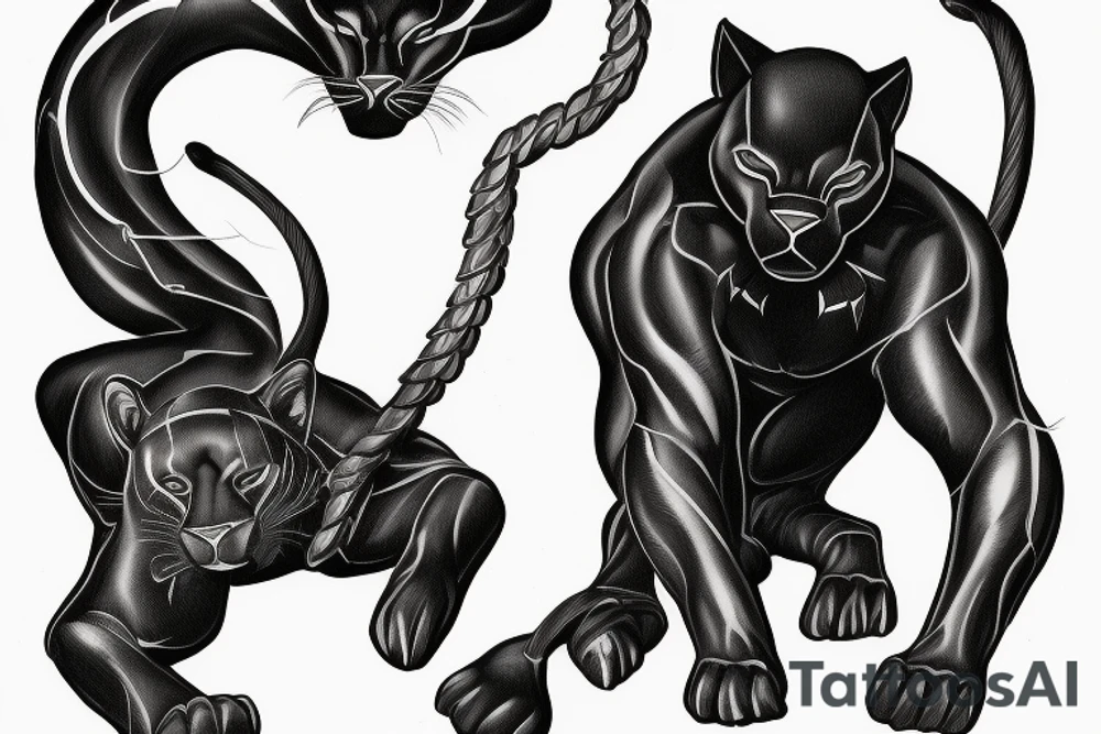 ONE black panther, designed realistic like the animal, showing full body sitting and holding a shepherd's crook in between its legs. tattoo idea