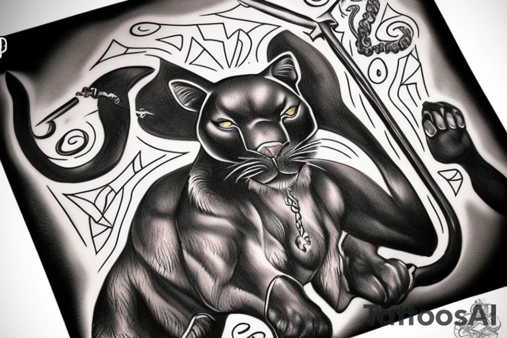 ONE black panther, designed realistic like the animal, showing full body sitting and holding a shepherd's crook in between its legs. tattoo idea