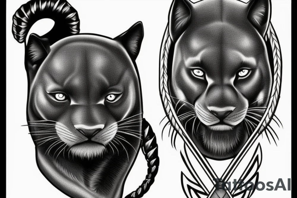 ONE black panther, designed realistic like the animal, showing full body sitting and holding a shepherd's crook in between its legs. tattoo idea