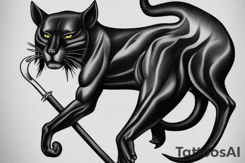 ONE black panther, designed realistic like the animal, showing full body sitting and holding a shepherd's crook in between its legs. tattoo idea