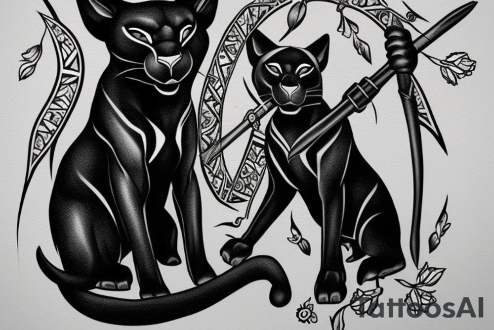 ONE black panther, designed realistic like the animal, showing full body sitting and holding a shepherd's crook in between its legs. tattoo idea
