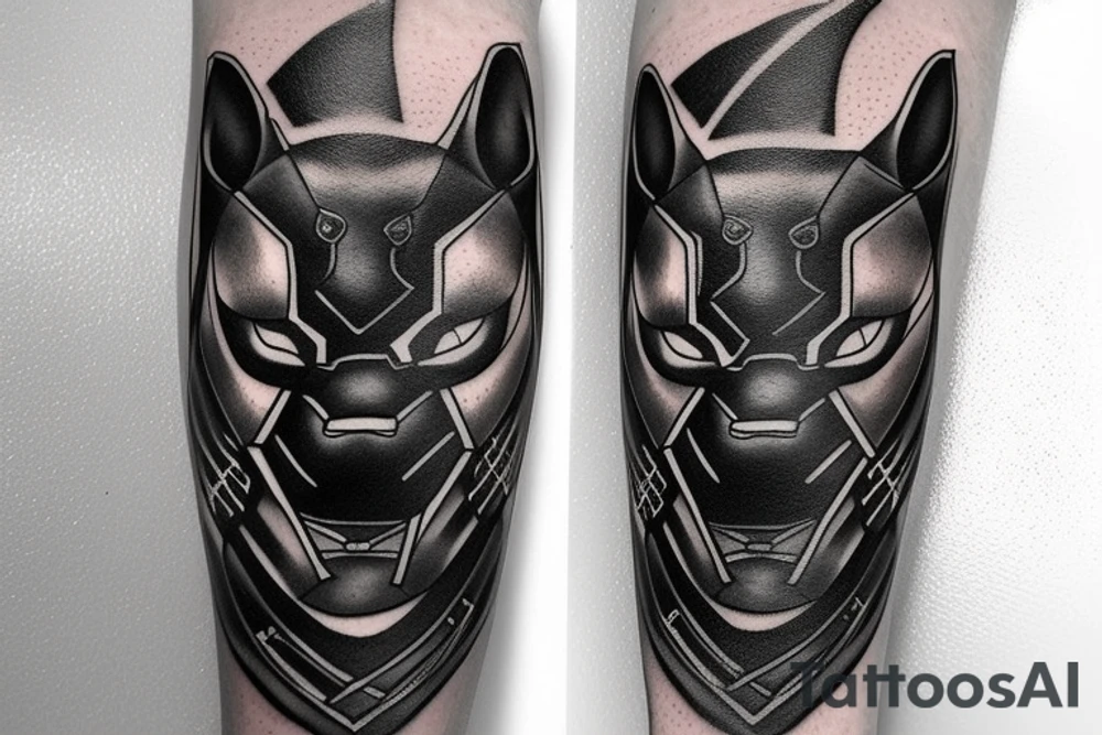 ONE black panther, designed realistic like the animal, showing full body sitting and holding a shepherd's crook in between its legs. tattoo idea