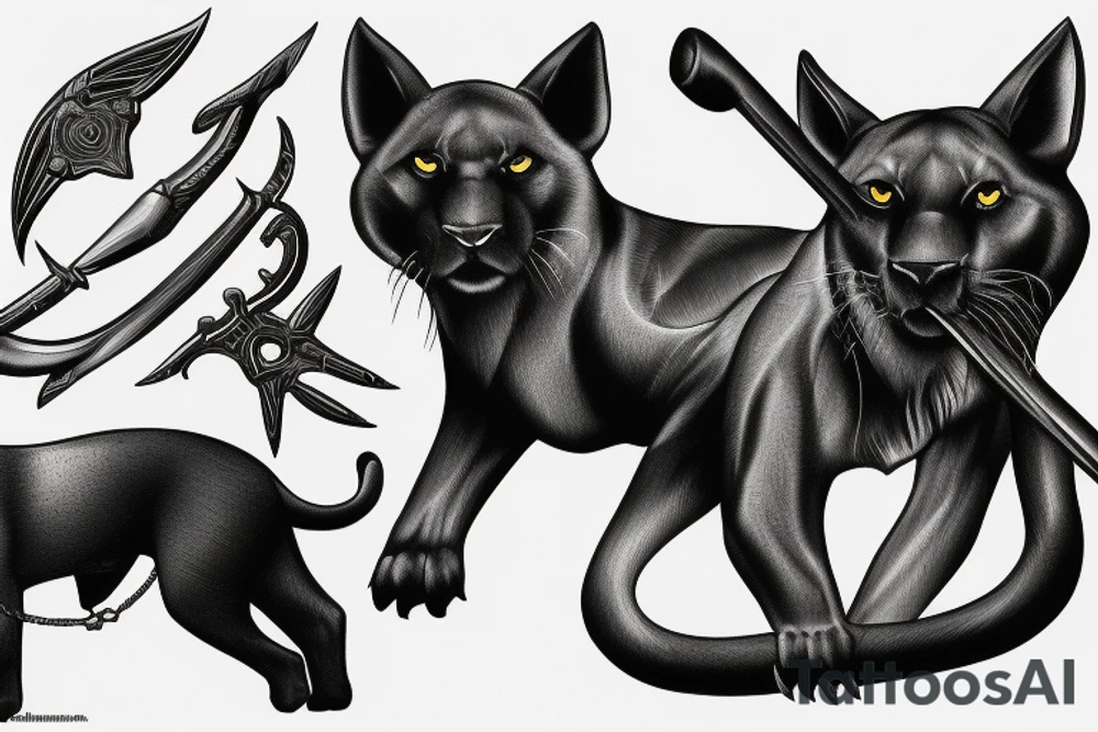 ONE black panther, designed realistic like the animal, showing full body sitting and holding a shepherd's crook in between its legs. tattoo idea