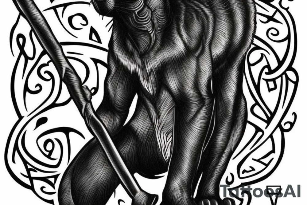 ONE black panther, designed realistic like the animal, showing full body sitting and holding a shepherd's crook in between its legs. tattoo idea