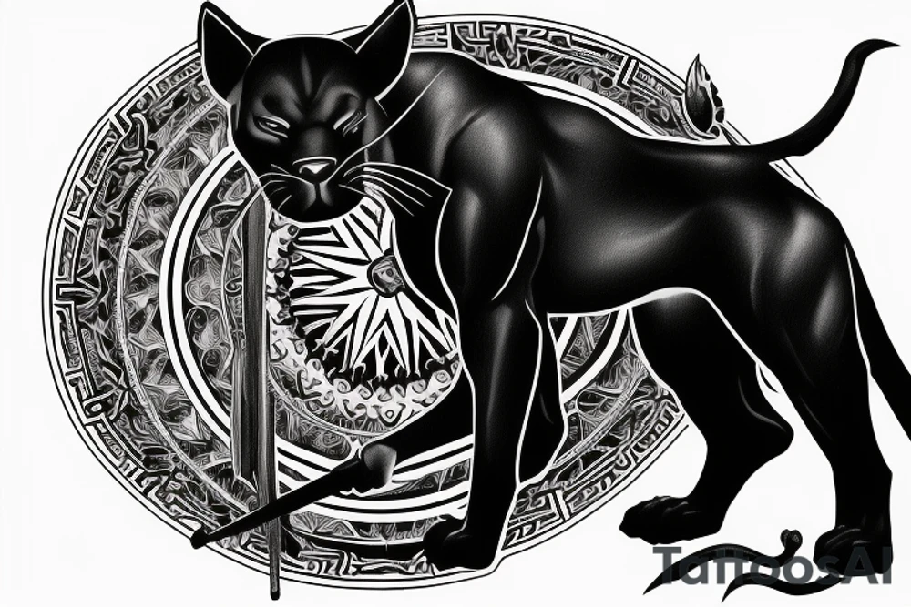 ONE black panther, designed realistic like the animal, showing full body sitting and holding a shepherd's crook in between its legs. tattoo idea