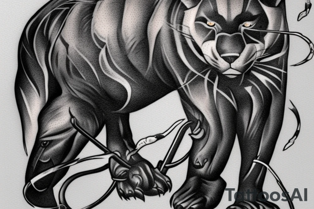 ONE black panther, designed realistic like the animal, showing full body sitting and holding a shepherd's crook in between its legs. tattoo idea