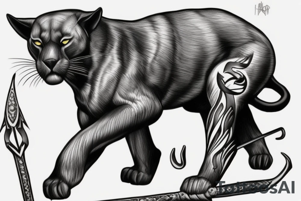 ONE black panther, designed realistic like the animal, showing full body sitting and holding a shepherd's crook in between its legs. tattoo idea