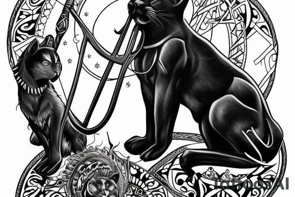 ONE black panther, designed realistic like the animal, showing full body sitting and holding a shepherd's crook in between its legs. tattoo idea