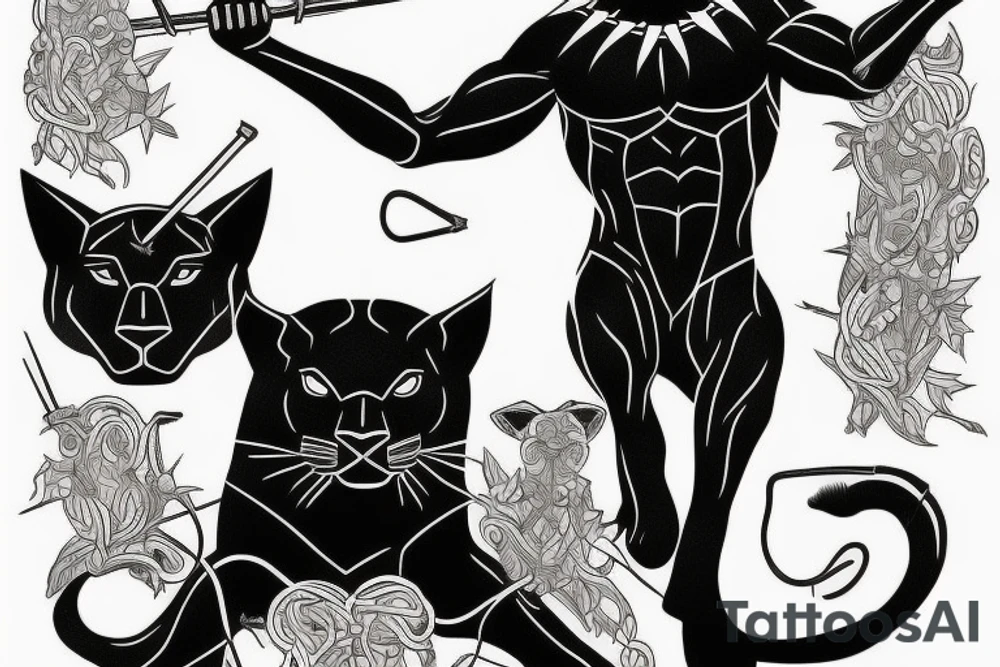 ONE black panther, designed realistic like the animal, showing full body sitting and holding a shepherd's crook in between its legs. tattoo idea