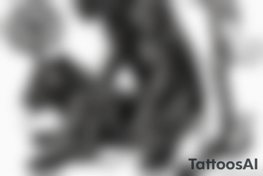 ONE black panther, designed realistic like the animal, showing full body sitting and holding a shepherd's crook in between its legs. tattoo idea
