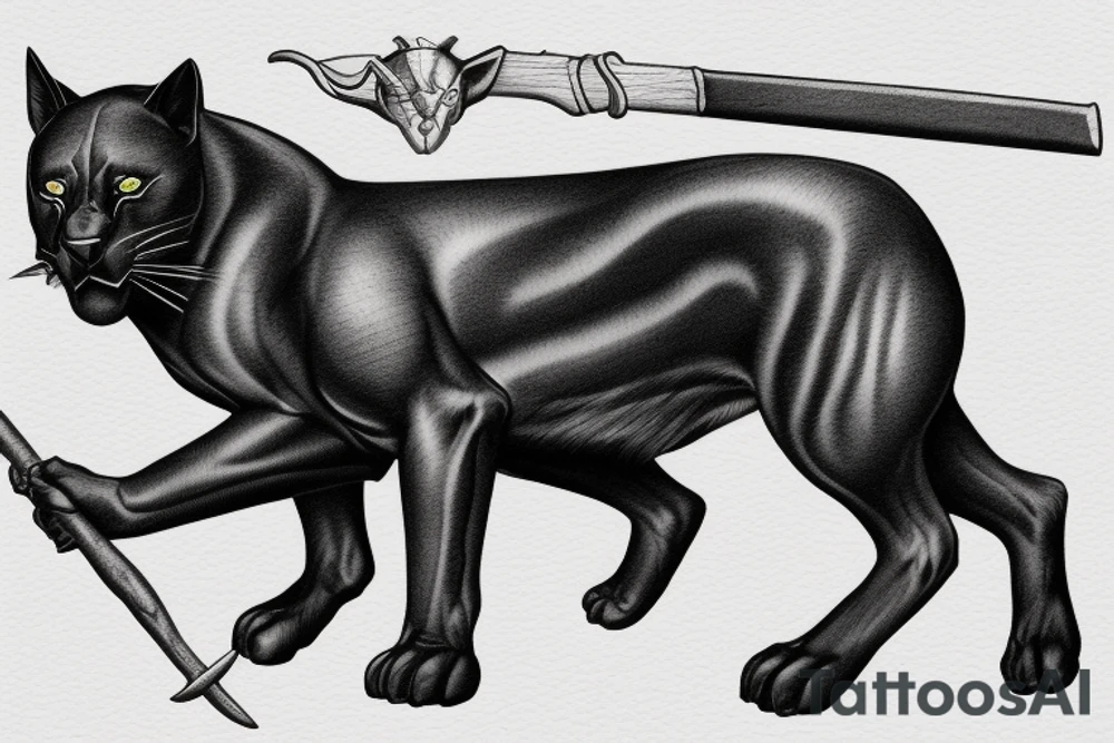 ONE black panther, designed realistic like the animal, showing full body sitting and holding a shepherd's crook in between its legs. tattoo idea