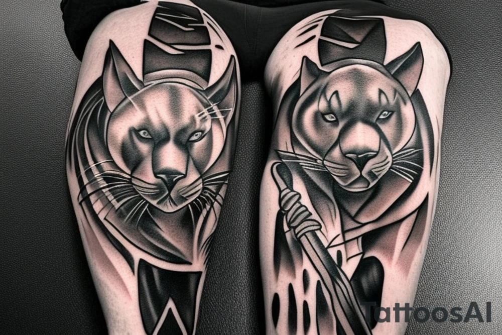 ONE black panther, designed realistic like the animal, showing full body sitting and holding a shepherd's crook in between its legs. tattoo idea
