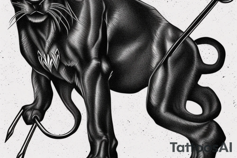 ONE black panther, designed realistic like the animal, showing full body sitting and holding a shepherd's crook in between its legs. tattoo idea