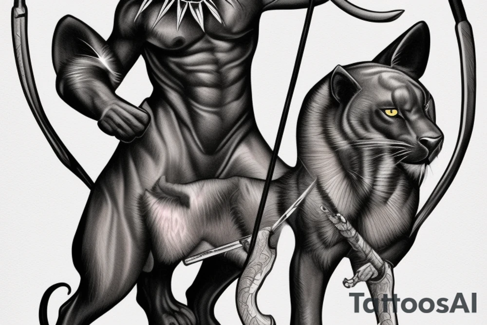 ONE black panther, designed realistic like the animal, showing full body sitting and holding a shepherd's crook in between its legs. tattoo idea
