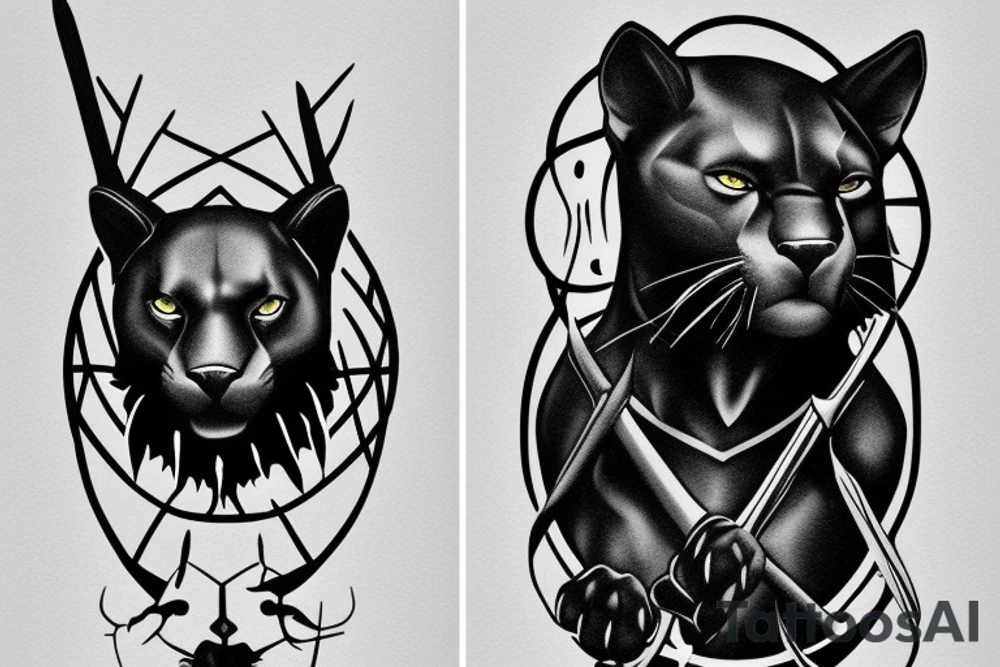 ONE black panther, designed realistic like the animal, showing full body sitting and holding a shepherd's crook in between its legs. tattoo idea