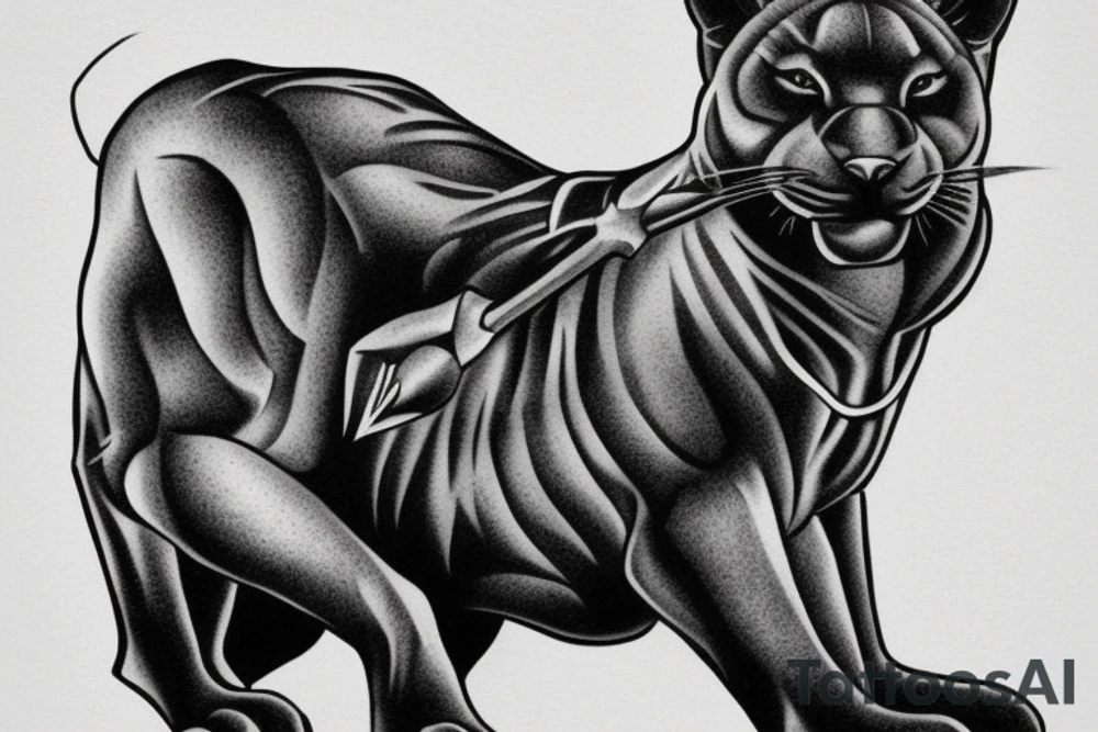 ONE black panther, designed realistic like the animal, showing full body sitting and holding a shepherd's crook in between its legs. tattoo idea