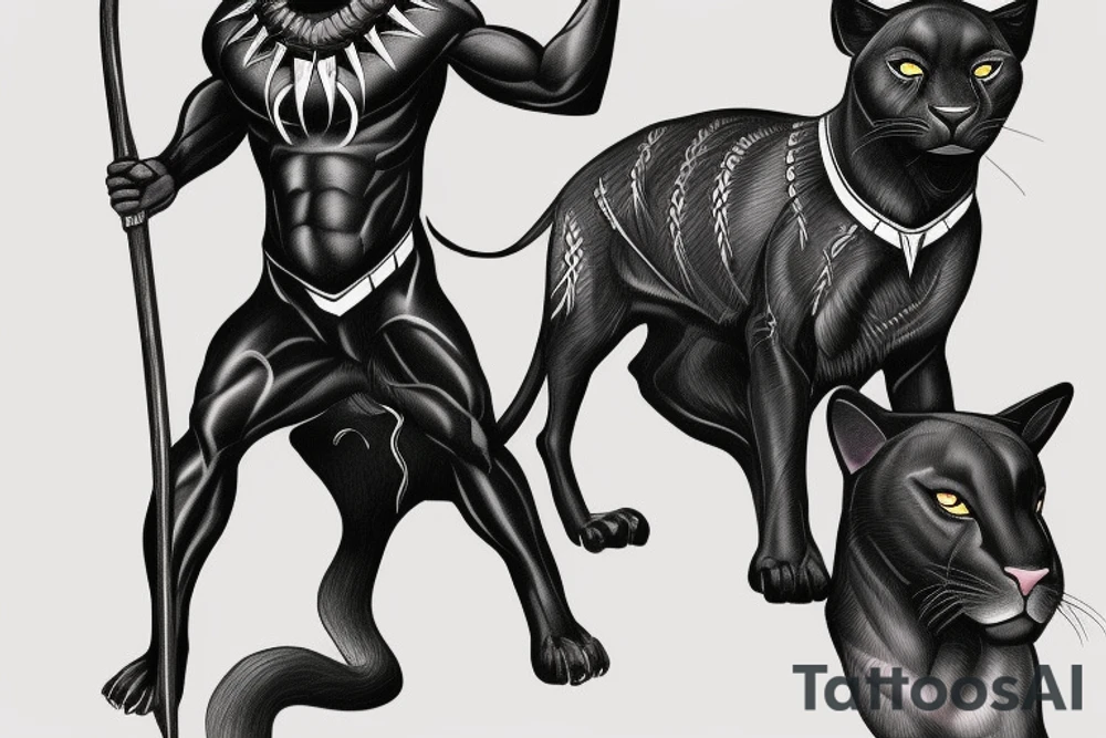 ONE black panther, designed realistic like the animal, showing full body sitting and holding a shepherd's crook in between its legs. tattoo idea