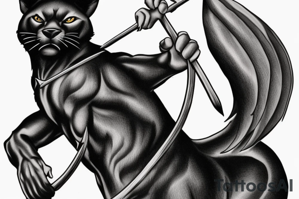 ONE black panther, designed realistic like the animal, showing full body sitting and holding a shepherd's crook in between its legs. tattoo idea