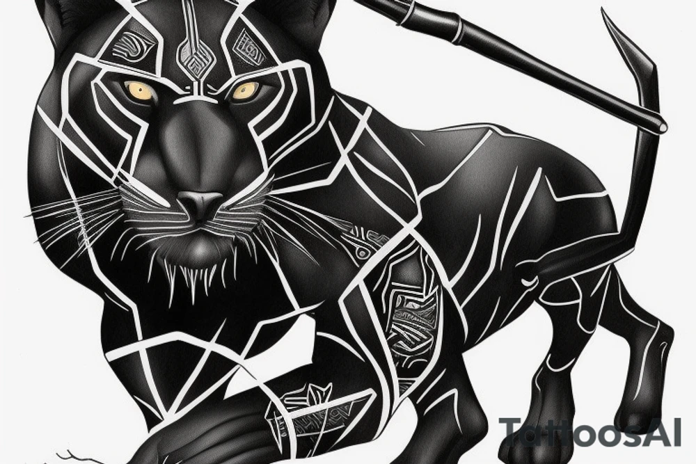 ONE black panther, designed realistic like the animal, showing full body sitting and holding a shepherd's crook in between its legs. tattoo idea