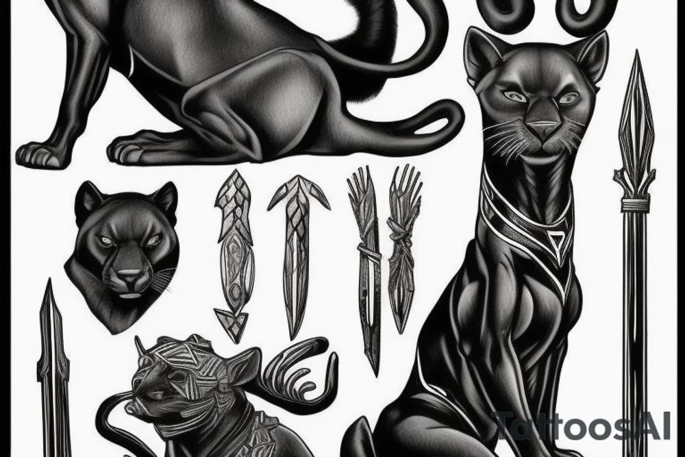 ONE black panther, designed realistic like the animal, showing full body sitting and holding a shepherd's crook in between its legs. tattoo idea