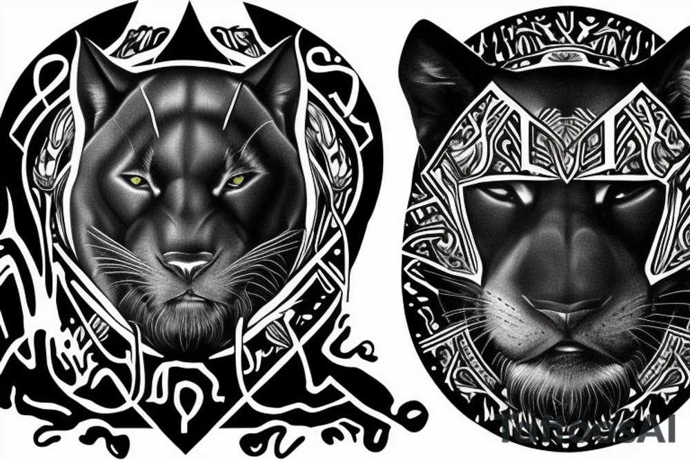 ONE black panther, designed realistic like the animal, showing full body sitting and holding a shepherd's crook in between its legs. tattoo idea