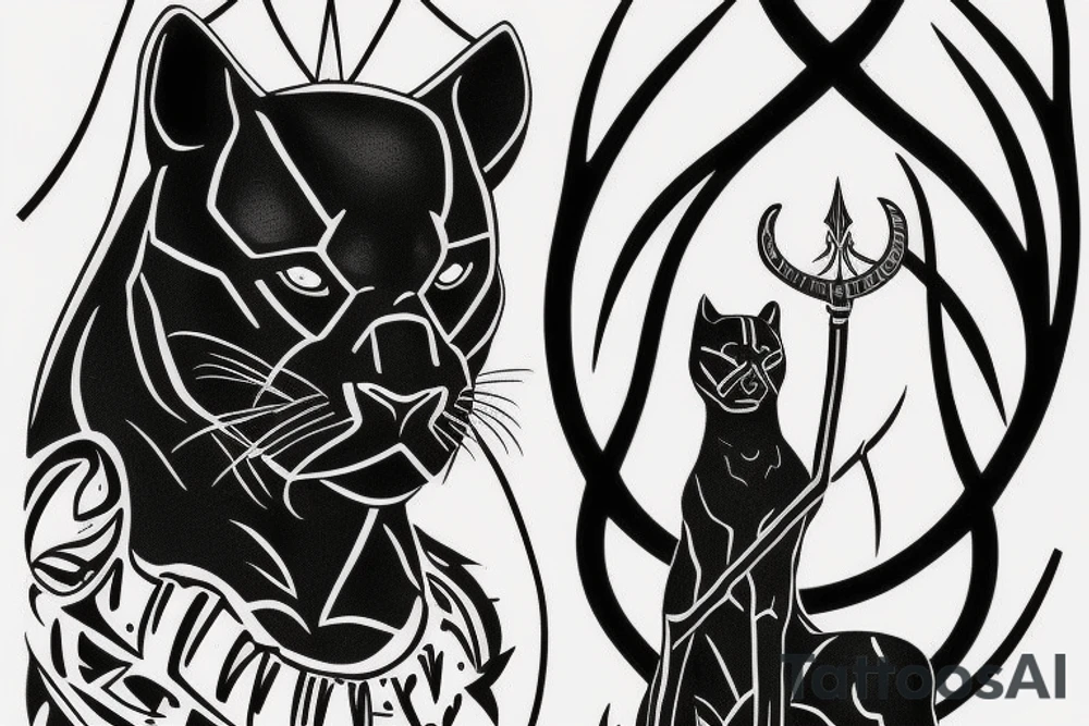 ONE black panther, designed realistic like the animal, showing full body sitting and holding a shepherd's crook in between its legs. tattoo idea