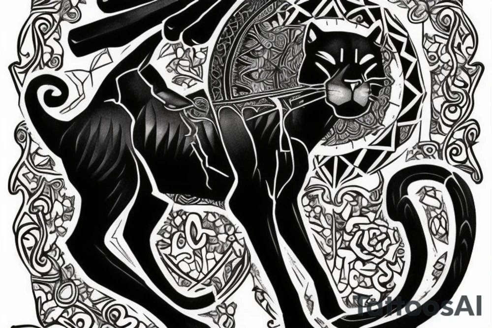 ONE black panther, designed realistic like the animal, showing full body sitting and holding a shepherd's crook in between its legs. tattoo idea