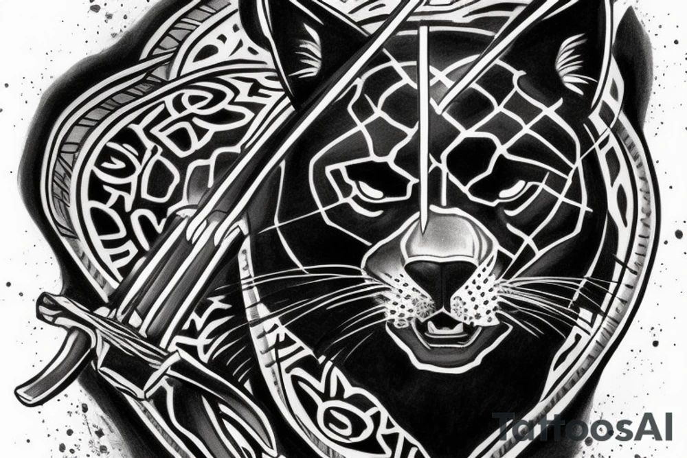ONE black panther, designed realistic like the animal, showing full body sitting and holding a shepherd's crook in between its legs. tattoo idea