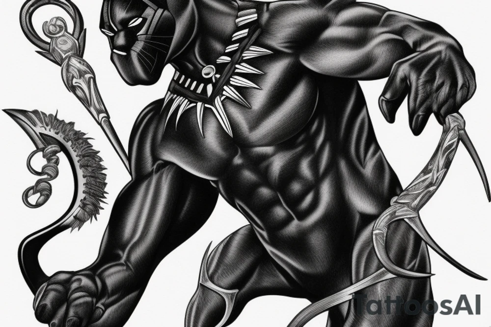 ONE black panther, designed realistic like the animal, showing full body sitting and holding a shepherd's crook in between its legs. tattoo idea