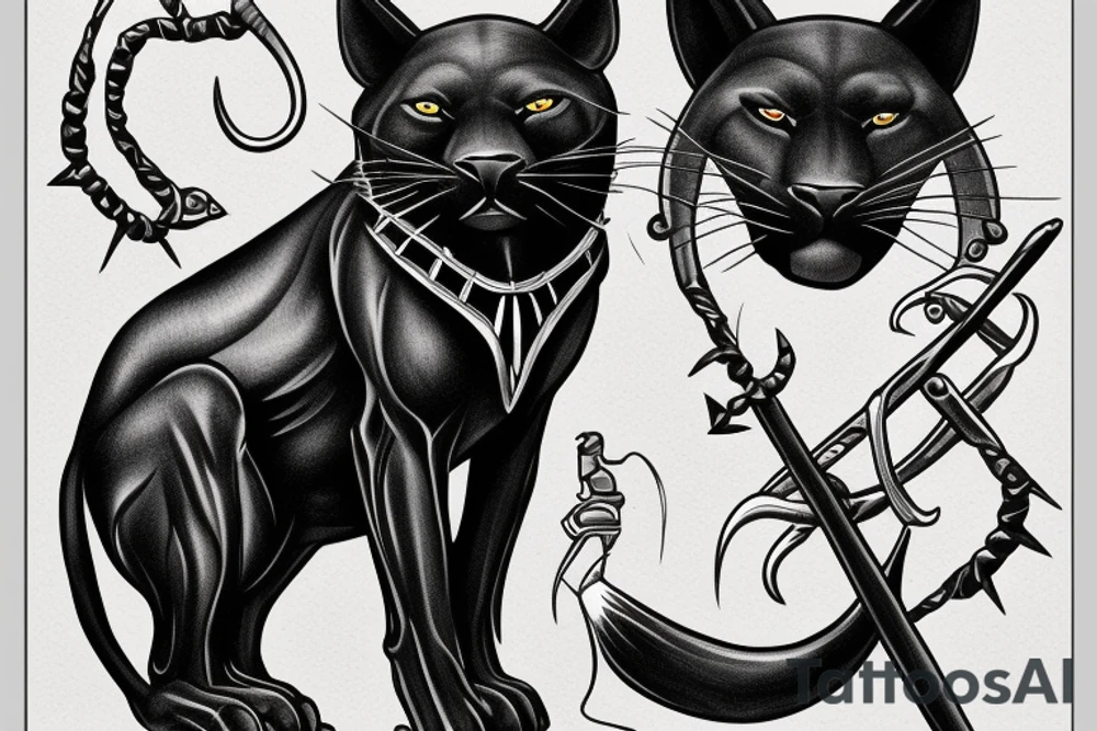 ONE black panther, designed realistic like the animal, showing full body sitting and holding a shepherd's crook in between its legs. tattoo idea