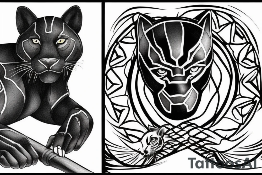 ONE black panther, designed realistic like the animal, showing full body sitting and holding a shepherd's crook in between its legs. tattoo idea