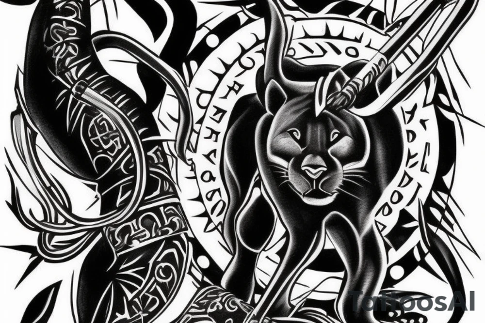 ONE black panther, designed realistic like the animal, showing full body sitting and holding a shepherd's crook in between its legs. tattoo idea