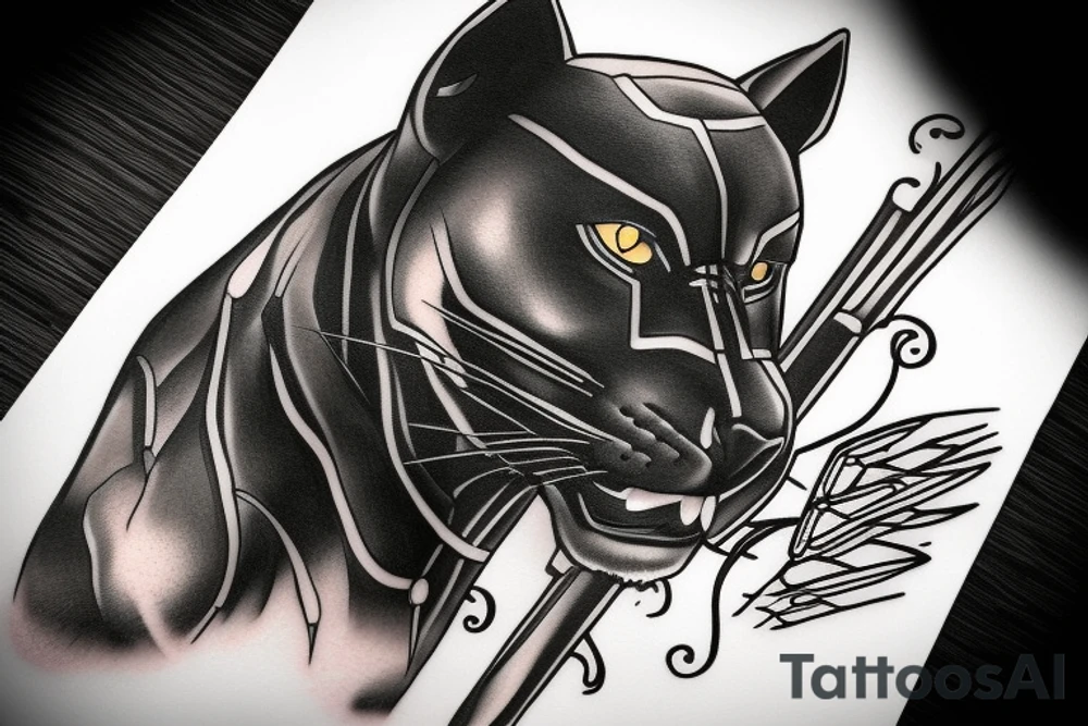 ONE black panther, designed realistic like the animal, showing full body sitting and holding a shepherd's crook in between its legs. tattoo idea