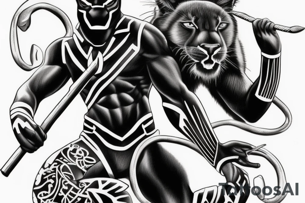 ONE black panther, designed realistic like the animal, showing full body sitting and holding a shepherd's crook in between its legs. tattoo idea