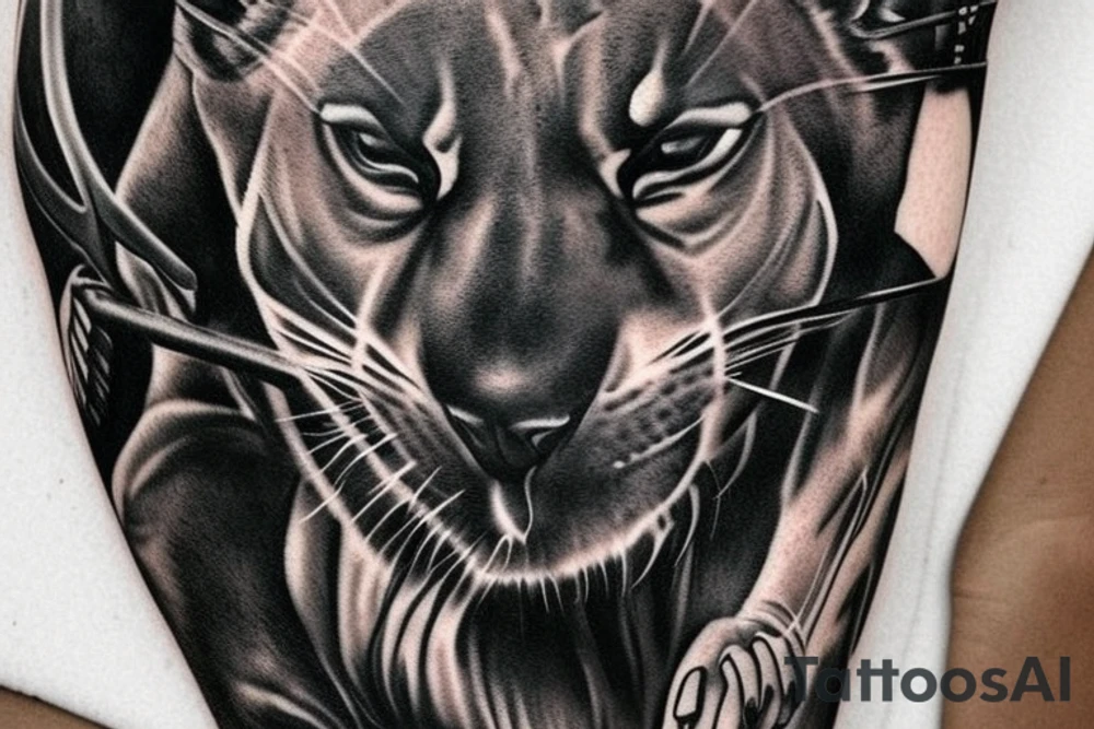 ONE black panther, designed realistic like the animal, showing full body sitting and holding a shepherd's crook in between its legs. tattoo idea