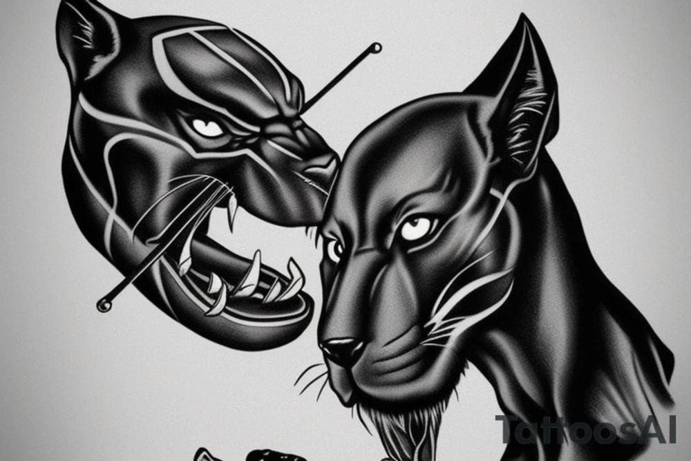 ONE black panther, designed realistic like the animal, showing full body sitting and holding a shepherd's crook in between its legs. tattoo idea