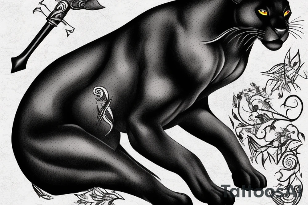 ONE black panther, designed realistic like the animal, showing full body sitting and holding a shepherd's crook in between its legs. tattoo idea