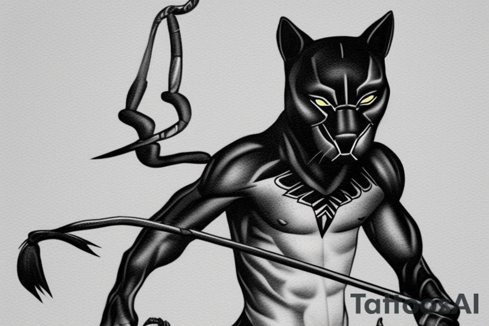 ONE black panther, designed realistic like the animal, showing full body sitting and holding a shepherd's crook in between its legs. tattoo idea