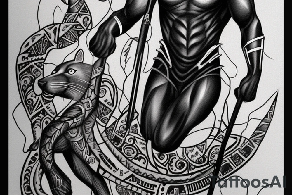 ONE black panther, designed realistic like the animal, showing full body sitting and holding a shepherd's crook in between its legs. tattoo idea