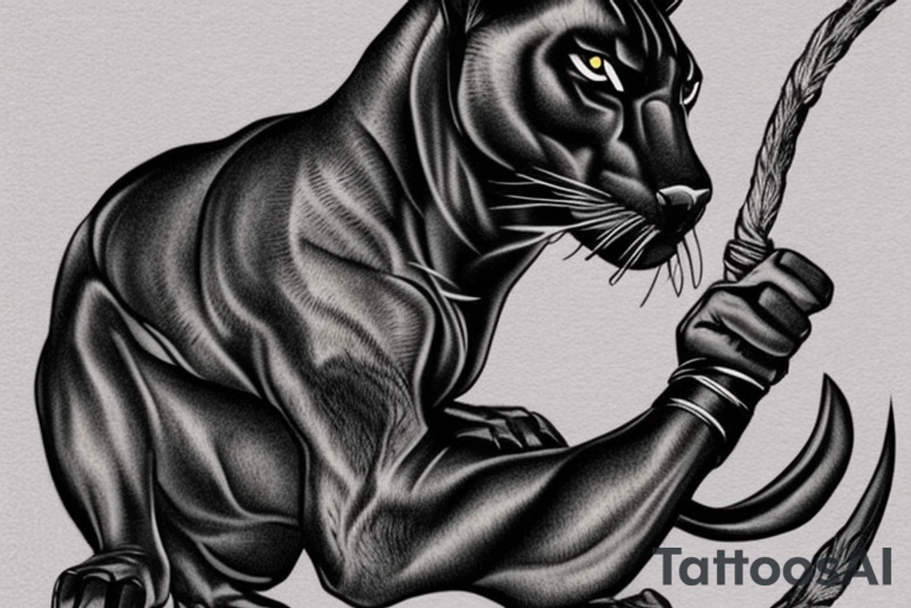 ONE black panther, designed realistic like the animal, showing full body sitting and holding a shepherd's crook in between its legs. tattoo idea