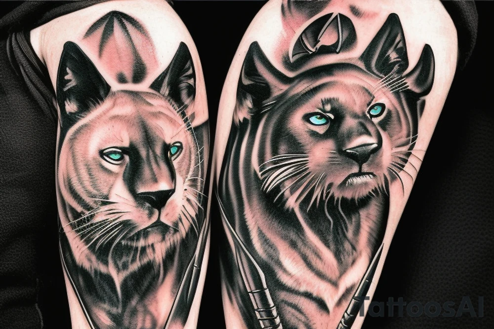 ONE black panther, designed realistic like the animal, showing full body sitting and holding a shepherd's crook in between its legs. tattoo idea