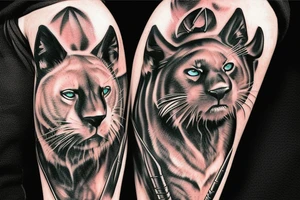 ONE black panther, designed realistic like the animal, showing full body sitting and holding a shepherd's crook in between its legs. tattoo idea