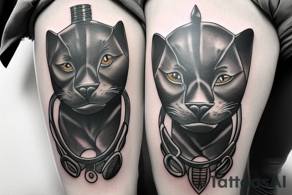 ONE little black panther, designed realistic like the animal, showing full body sitting and holding a shepherd's crook in between its legs. tattoo idea