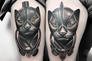 ONE little black panther, designed realistic like the animal, showing full body sitting and holding a shepherd's crook in between its legs. tattoo idea
